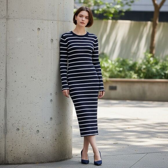 GAP MEDIUM Sweater Midi Dress Long Sleeve Pullover Navy White Striped Rib-knit - Picture 11 of 11